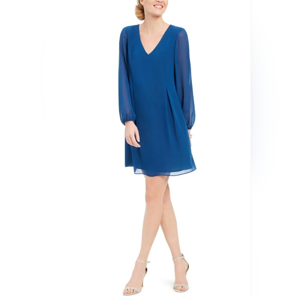 INC International Concepts Blue V-Neck Bishop Sleeve Dress